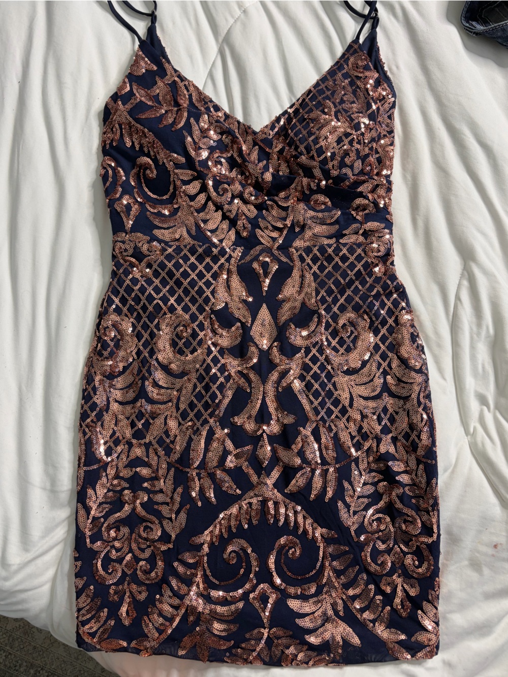 Sequined Navy and Rose Gold Cocktail Dress - Sleeveless Spaghetti Strap